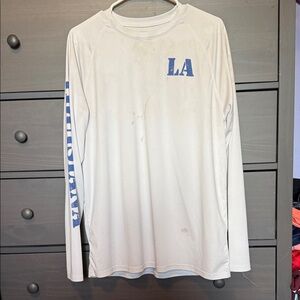 White Long Sleeve Shirt with Blue Accents